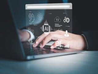 Business people use AI technology on their computers for Chat with AI using AI smart robot technology Artificial intelligence to create something or help solve work problems.