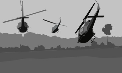 Fototapeta na wymiar black and white vector illustration depicting combat helicopters flying over a field for the design of prints in military style