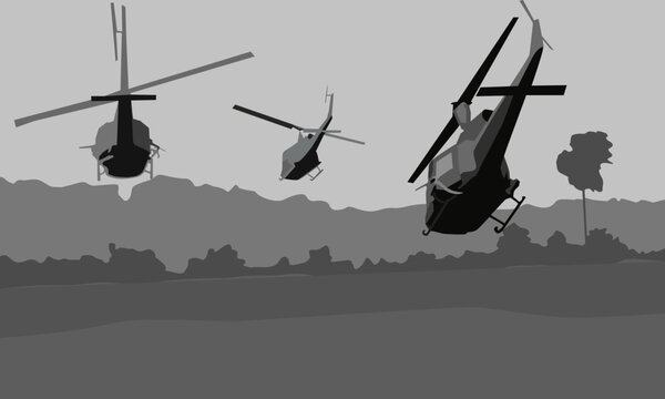 black and white vector illustration depicting combat helicopters flying over a field for the design of prints in military style