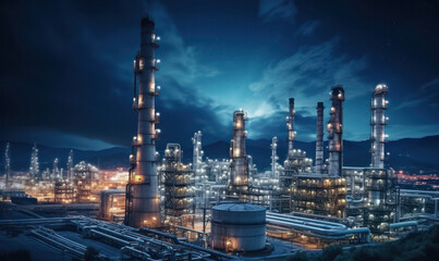 Fototapeta premium Industrial Hub, Aerial View of Oil Refinery - Complex Infrastructure Amidst Industrial Operations.