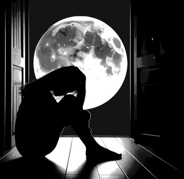 black and white image of a heartbroken woman sitting in front of the door with a full moon background