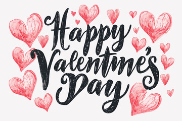 Handwritten brush ink lettering of Happy Valentines Day on white background.