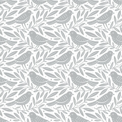 Hand drawn seamless pattern with decorative birds and branches Nature floral forest seamless pattern - 702834648