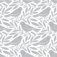 Hand drawn seamless pattern with decorative birds and branches Nature floral forest seamless pattern - 702834699
