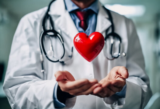 l Dottore tiene un Cuore Rosso in Ospedale. Simboleggiando Donazioni, Giornata Mondiale del Cuore, Giornata Mondiale della Salute, CSR e Concetti di Assicurazione