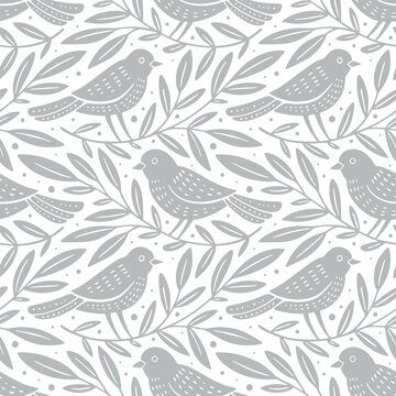 Fototapeta Hand drawn seamless pattern with decorative birds and branches Nature floral forest seamless pattern