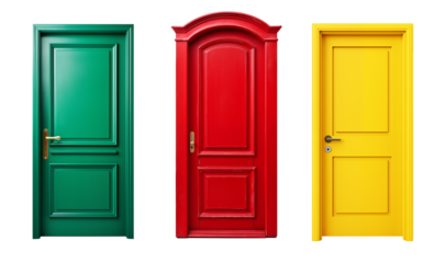 Set of colorful wooden doors. Transparent background.