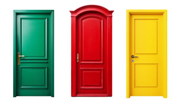 Set of colorful wooden doors. Transparent background.