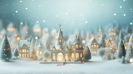 Obraz premium A small Christmas village with snow and decorations is made up of beautiful winter snowy landscape.