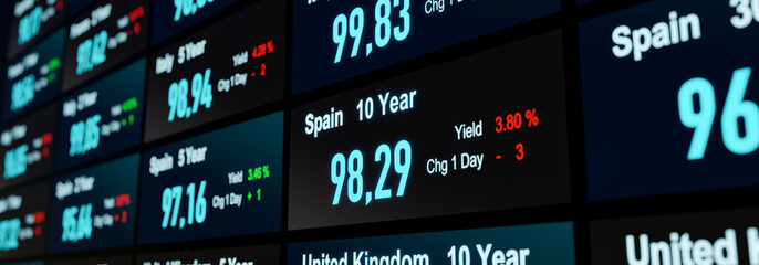 Spanish governement bonds, yield and price inforamtion on the screen. Bond market trading, interest rates, treasury bonds, investment.