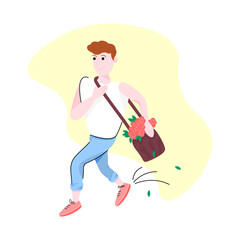 Man running with flowers to date. Cartoon illustration isolated on white background