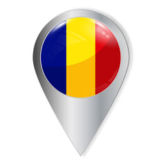 Vector illustration. Glossy button with highlights and shadows. Geographic location icon. Flag of Romania. User interface element. Set of souvenir countries.