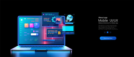 Futuristic Laptop with Transparent Floating Interface Elements and Neon Glow. Web development and coding. Cross platform development website ui, ux.  Templates internet page of website . Vector - obrazy, fototapety, plakaty