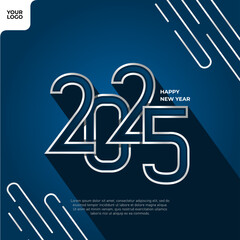 Happy new year 2025 square template with 3d silver number style on dark blue background.