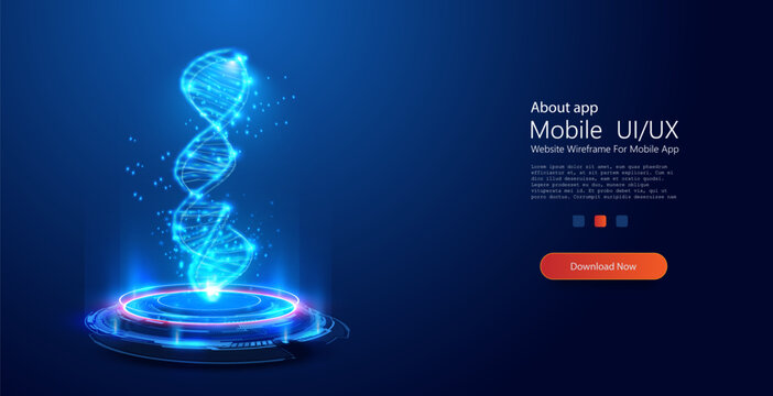 Abstract luminous DNA molecule. Modern treatment future, medicine. Dynamic 3D Rendering of a DNA Strand in Glowing Neon Light with Futuristic Tech Platform. Futuristic podium or hologram. Vector