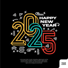 Happy new year 2025 square template with 3d hand drawn number style on black background.