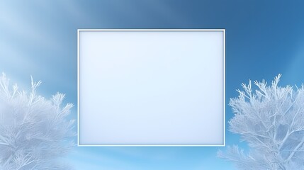 Mockup white line rectangle frame on abstract blue winter season background with tree shadow. Square border on empty space for Christmas backgrounds, poster or card.