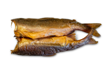 Two cold smoked fish fillets (salmon) isolated on a transparent background.