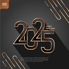 Happy new year 2025 square template with 3d gold number style on black background.