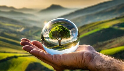 hand holding a glass sphere, ecology, environment, nature