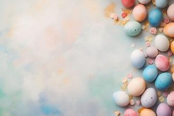 Easter eggs and pink flowers on a colored pastel background in vintage style. Top view, space for text