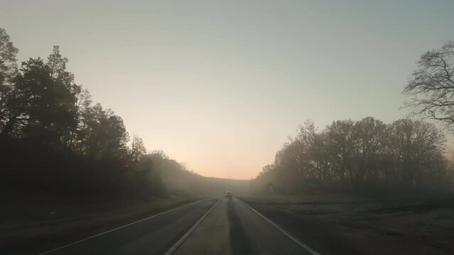 View of car window and road ahead in the morning at sunrise with fog and trees