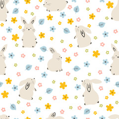 Obraz premium Cute seamless white rabbits with flowers and leaves. Rabbit animal on white background for easter decor