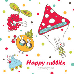 Rabbits ride on funny cars. kids postcard. Cute illustration.
