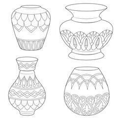 Outline vases and amphora collection, vector linear. Vase pottery, ancient pot greek illustration. Black and white. Art therapy Coloring page. Vector illustration