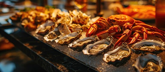 Hotel restaurant serving a buffet with oysters, Alaskan king crab. - obrazy, fototapety, plakaty