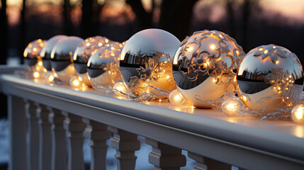Festive Decoration for Christmas and New Year, Close-Up of Christmas Balls and Garland of Lights Wrapped Around a Balcony Railing in a Modern Residential Apartment, Creating a Warm and Welcoming Atmos