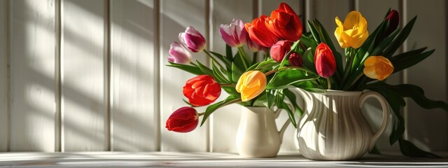 tulips in white jug in old interior style