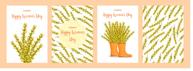 Vector set for Happy Women's Day holiday. Spring floral illustration with yellow forsythia flowers.