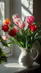 tulips in white jug in old interior style