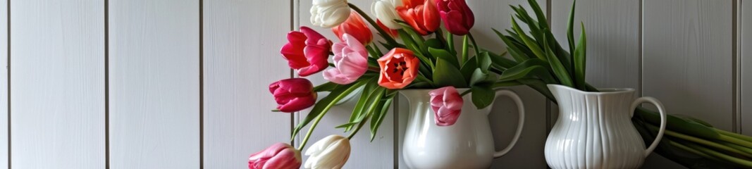 tulips in white jug in old interior style