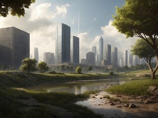 Fototapeta premium The buildings in the uninhabited city are replaced with greenery 
