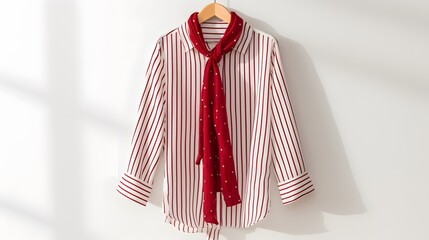 White relaxed striped shirt and red polka dot pattern scarf hanging on white hanger on white wall