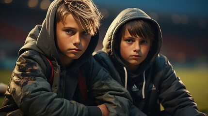 Fototapeta premium Two Boys Sitting on the Grass in a Stadium, Expressing Sadness and Disappointment, Perhaps Reflecting the Outcome of a Sports Event or Their Expectations