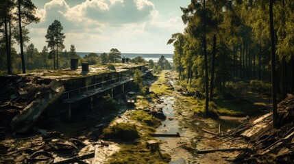 Aerial view of a Post-apocalyptic abandoned city. Destroyed overgrown town after apocalypses. Depressive abandoned city.