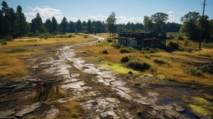 Post-apocalyptic abandoned road. Destroyed overgrown town after apocalypses. Depressive abandoned city.