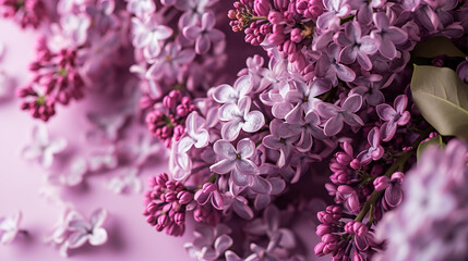 Bouquet of lilac flowers on a pink background. Flat lay, top view.