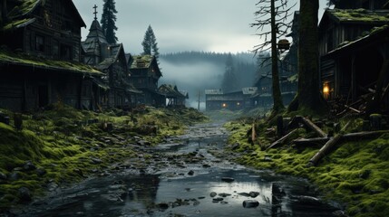 Post-apocalyptic abandoned city. Destroyed overgrown town after apocalypses. Depressive abandoned city.