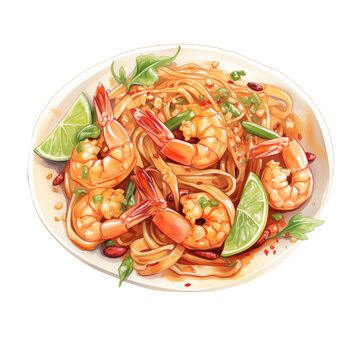 recommend clip art: Pad Thai dish watercolor  illustration, fried shrimp on a plate png isolated on a transparent background, clipart 