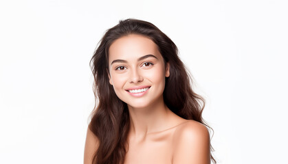 Fototapeta premium Brunette young adult woman beauty model smiling in front of plain white background. 