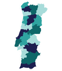 Portugal map. Map of Portugal in administrative provinces in multicolor