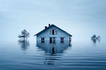 landscape with flooded house and water surface, concept image natural disaster in consequence of...