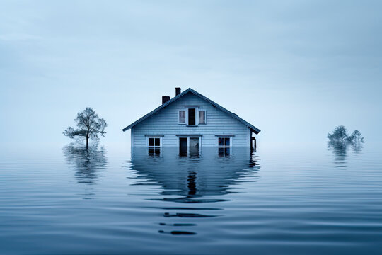 landscape with flooded house and water surface, concept image natural disaster in consequence of climate change