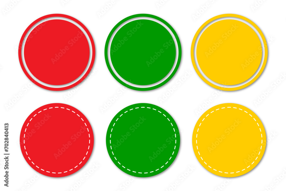 Poster set of red green and yellow circle template design with stitched effect. set of colorful circle badg