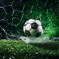 Soccer ball in goal with green background. Football in goal with water splash 