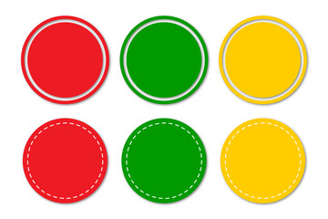 Set of red green and yellow circle template design with stitched effect. Set of colorful circle badges. Logo circle stamp. Round stitched circle set. Circle Template for logos, stickers and business.